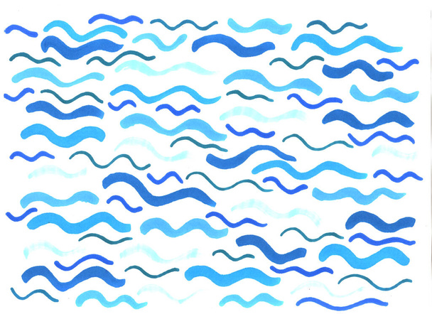 szabadkézi elvont háttér élő anyagokkal, kék és kék hullámok fehér alapon - Fotó, kép