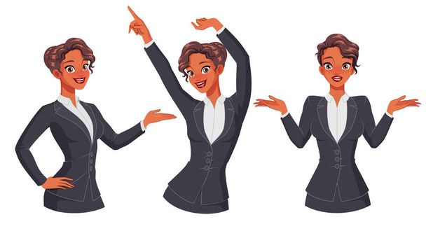 Pretty businesswoman showing, dancing, shrugging. Full size under clipping mask. Set of vector illustrations. - Wektor, obraz