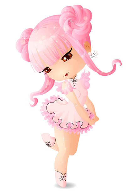 Nettes Mädchen Chibi in einem rosa Kleid mit transparenten Ärmeln. Vektorillustration. - Vektor, Bild