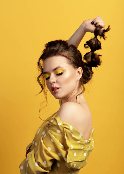 beautiful girl on yellow background, green background, makeup styling fashion emotion sexy sporty look eyes portrait magazine fashion style luxury provocative clothing manicure expression glamour cute lady photo Studio light model bright             - Fotoğraf, Görsel