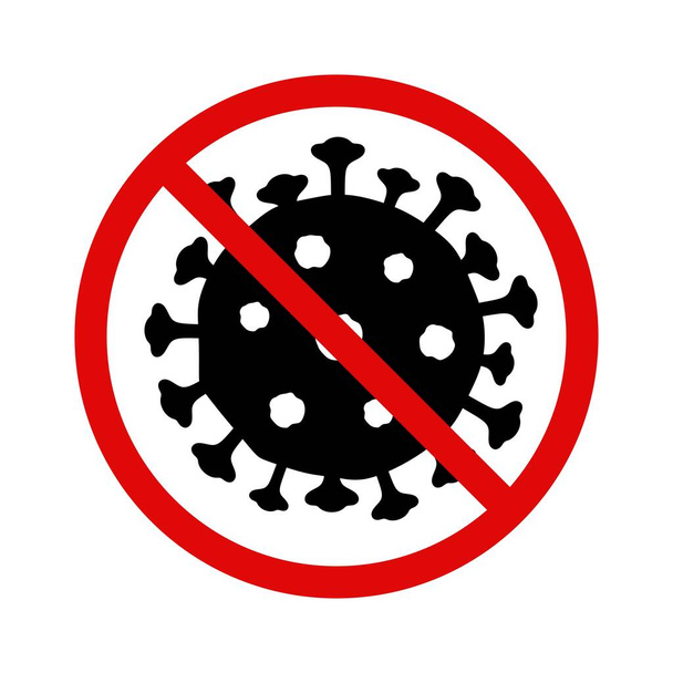 Stop het coronavirusteken (stam 2019-nCoV, COVID-19). Eenvoudig icoon met een zwarte viruscel in een rode verboden cirkel. Waarschuwing voor het gevaar van infectie tijdens een epidemie of pandemie. Vectorillustratie. - Vector, afbeelding