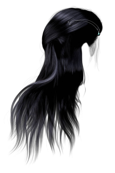 3D render, 3D-s illusztráció, hosszú haj fekete háromnegyed Kilátás elszigetelt fehér háttér - Fotó, kép