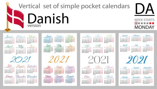 Dinamarca conjunto vertical de calendarios de bolsillo para 2021 (dos mil veintiuno). La semana comienza el lunes. Año nuevo. Color diseño simple. Vector
 - Vector, Imagen