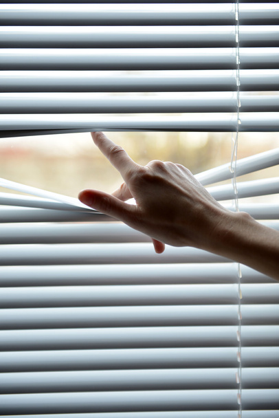 Female hand separating slats of venetian blinds with a finger to see through - Photo, Image