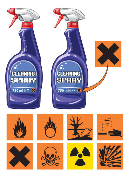 Illustration du spray nettoyant dans une bouteille en plastique avec symboles d'avertissement
. - Vecteur, image