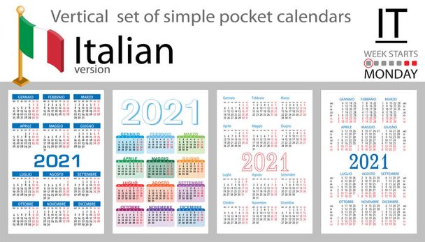 Olasz függőleges zsebnaptárak 2021-re (kétezer huszonegy). Hétfőn kezdődik. Újév. Színes egyszerű design. Vektor - Vektor, kép