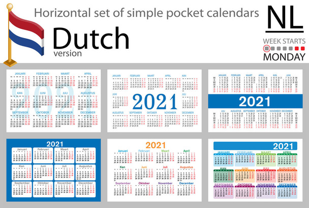 Conjunto horizontal holandés de calendarios de bolsillo para 2021 (dos mil veintiuno). La semana comienza el lunes. Año nuevo. Color diseño simple. Vector
 - Vector, Imagen