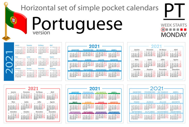 Conjunto horizontal portugués de calendarios de bolsillo para 2021 (dos mil veintiuno). La semana comienza el lunes. Año nuevo. Color diseño simple. Vector
 - Vector, Imagen