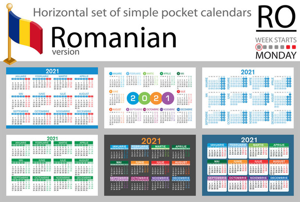 Conjunto horizontal rumano de calendarios de bolsillo para 2021 (dos mil veintiuno). La semana comienza el lunes. Año nuevo. Color diseño simple. Vector
 - Vector, Imagen
