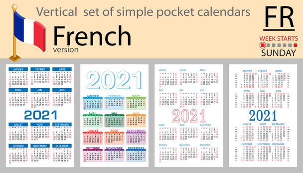 Conjunto vertical francés de calendarios de bolsillo para 2021 (dos mil veintiuno). La semana comienza el domingo. Año nuevo. Color diseño simple. Vector
 - Vector, Imagen
