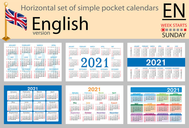 Conjunto horizontal inglés de calendarios de bolsillo para 2021 (dos mil veintiuno). La semana comienza el domingo. Año nuevo. Color diseño simple. Vector
 - Vector, imagen