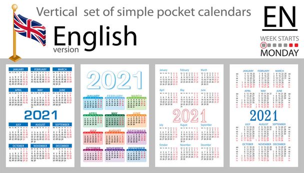 Conjunto vertical inglés de calendarios de bolsillo para 2021 (dos mil veintiuno). La semana comienza el lunes. Año nuevo. Color diseño simple. Vector
 - Vector, Imagen