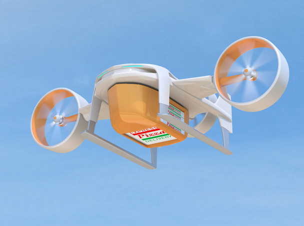 VTOL entrega drone llevar cajas de pizza volando en el cielo. Concepto de entrega sin contacto. Imagen de renderizado 3D
. - Foto, Imagen