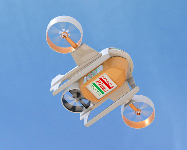 VTOL entrega drone llevar cajas de pizza volando en el cielo. Concepto de entrega sin contacto. Imagen de renderizado 3D
. - Foto, Imagen