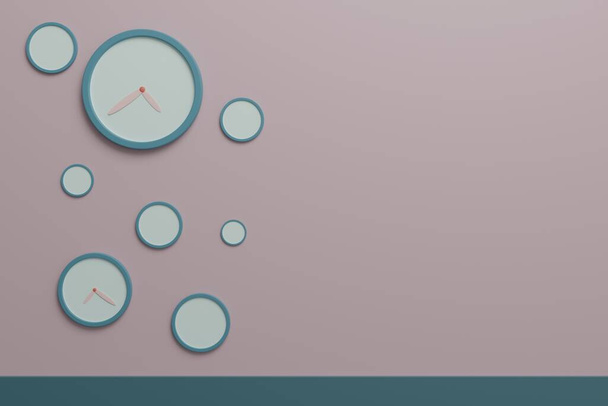 Relojes mínimos sobre fondo rosa. Paleta de color pastel.Concepto de tiempo. Renderizado 3D
. - Foto, Imagen