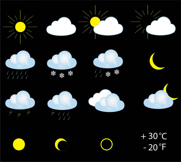 Weather icons isolated over black background, vector illustration - Vector, Image