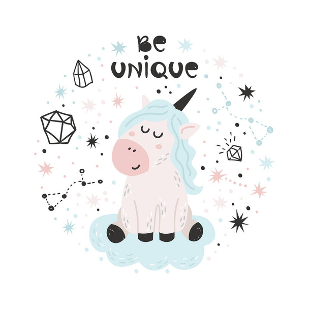 Cute poster with Unicorn. Isolated element for stickers, cards, invites and posters - ベクター画像