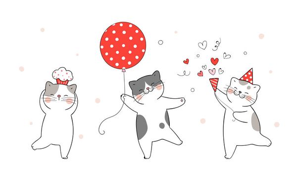 白い背景に赤い風船とカップケーキのかわいい猫のバナー - ベクター画像