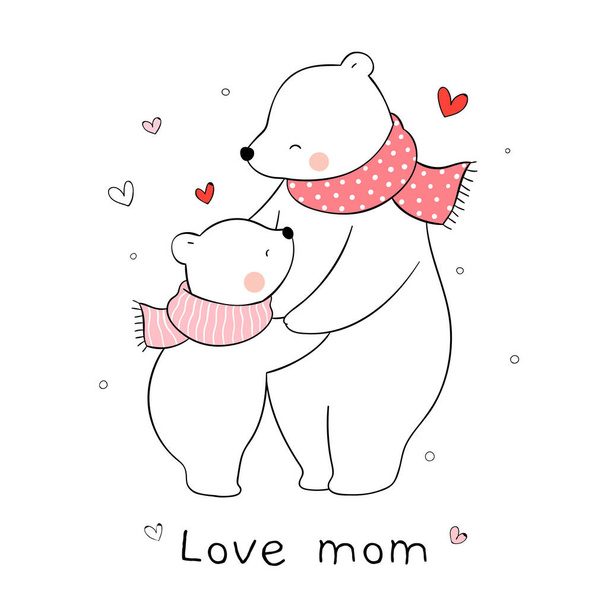 Kreslit prapor s maminkou lední medvěd a dětské objetí s láskou izolované na bílém pozadí - Vektor, obrázek