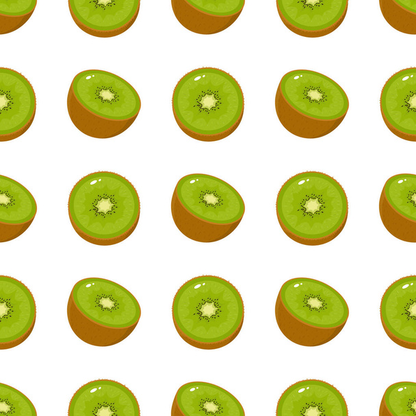 Seamless pattern with fresh half kiwi fruit on white background. Summer fruits for healthy lifestyle. Organic fruit. Cartoon style. Vector illustration for any design. - Vector, Image