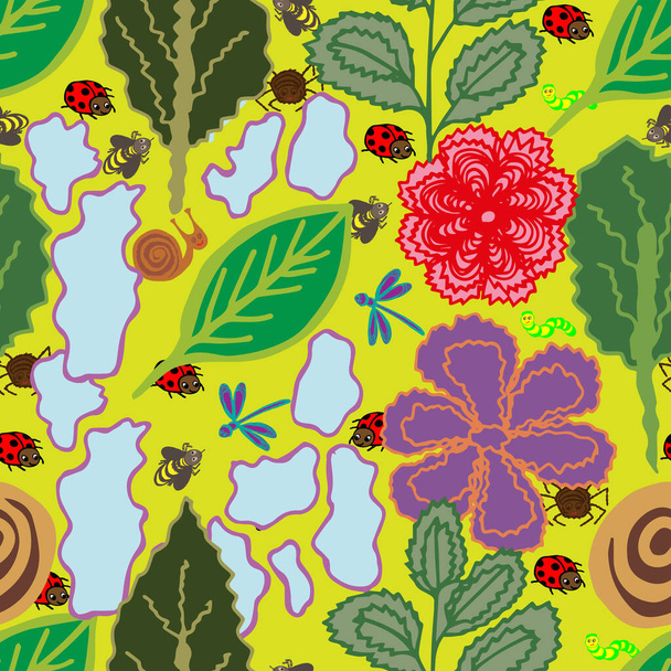 Abstracto multicolor patrón brillante sin costura en forma de plantas e insectos. Diseño para papel pintado, cubiertas, tarjetas, impresiones
. - Foto, Imagen