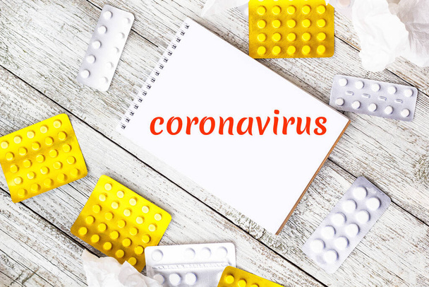 Text Coronavirus auf einem Notizblock auf einem Hintergrund mit medizinischen Pillen und Tabletten. Neuartiges Coronavirus 2019-November - Foto, Bild
