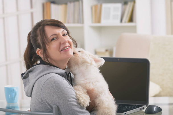 Mulher deficiente auditiva trabalhando no laptop com seu cão em mãos no escritório em casa - Foto, Imagem