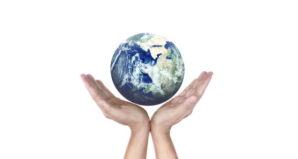 Γκλομπ, γη στο ανθρώπινο χέρι, κρατώντας τον πλανήτη μας λαμπερό. Γήινη εικόνα που παρέχεται από Nasa - Φωτογραφία, εικόνα