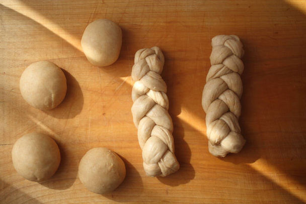 baking fresh bread rolls at home, top view - Photo, Image
