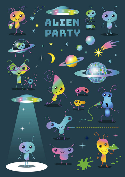 Leuke kleurrijke Alien Party stripfiguren Set Clipart op donkere achtergrond - Vector, afbeelding