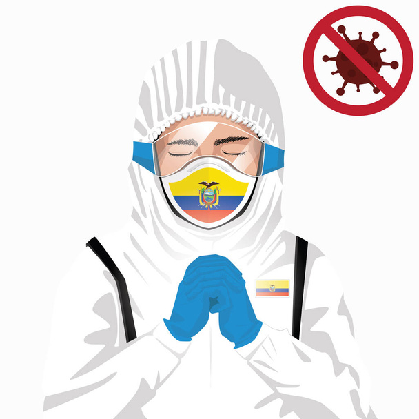 Koncepcja Covid-19 lub Coronavirus. Ekwadorski personel medyczny noszący maskę w ubraniu ochronnym i modlący się o zapobieżenie epidemii wirusa Covid-19 w Ekwadorze. Ekwadorczyk i flaga Ekwadoru. Wirus korony pandemicznej - Wektor, obraz