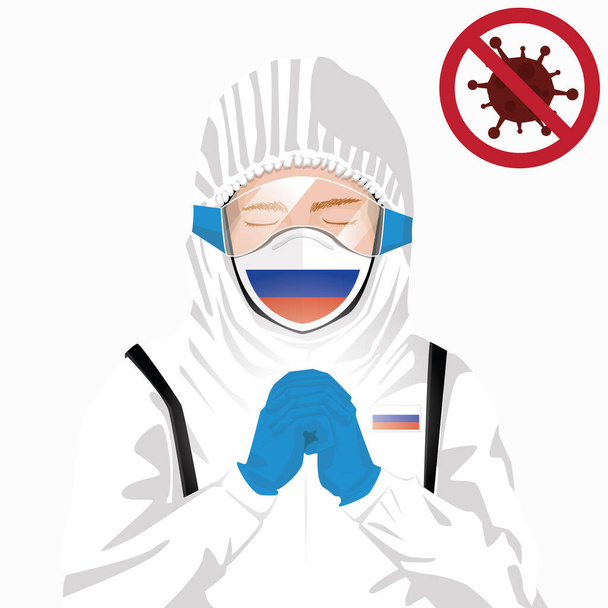 Concepto Covid-19 o Coronavirus. Personal médico ruso usando máscara en ropa protectora y rezando por contra el brote del virus Covid-19 en Rusia. Hombre ruso y bandera de Rusia. Virus de la corona pandémica
 - Vector, imagen