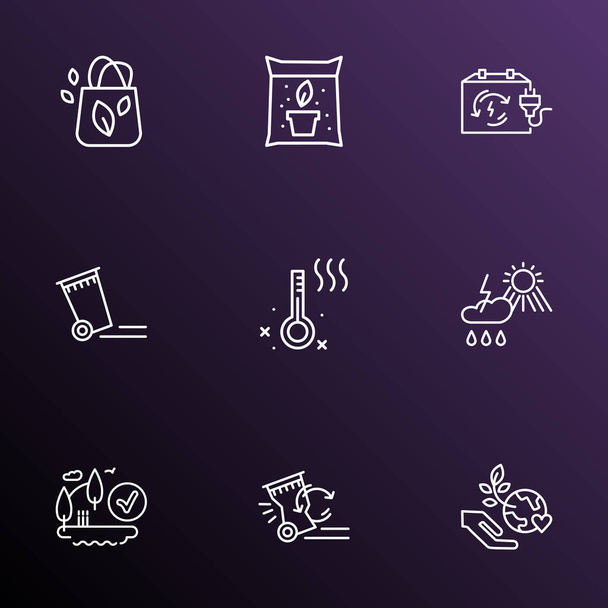 Ecology icons line style set with eco tote bag, trash can, weather and other global eco elements. Isolated vector illustration ecology icons. - Vector, Image