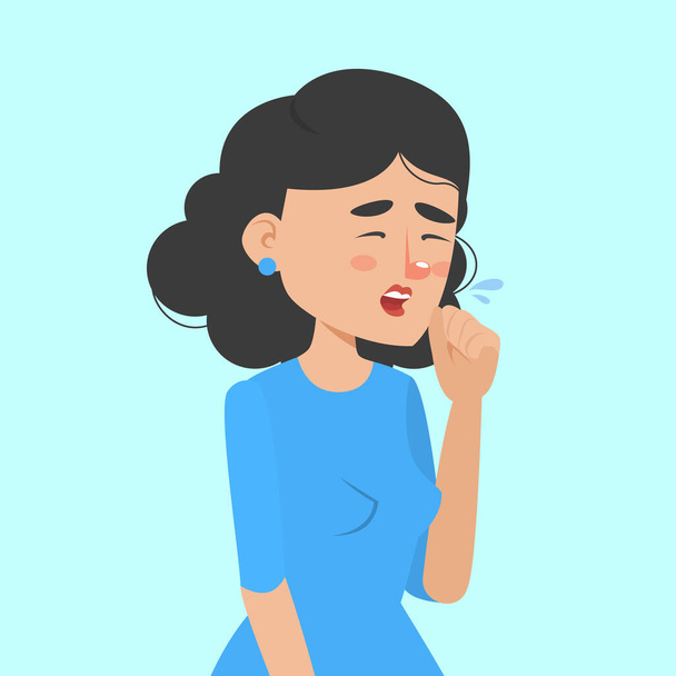 Mujer tosiendo y sosteniendo el puño en la boca vector aislado. Persona con virus, enfermedad infecciosa. Persona femenina con síntomas de resfriado, gripe o coronavirus
. - Vector, Imagen