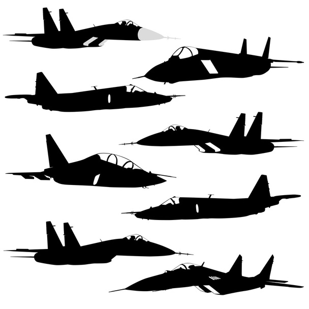 Sammlung verschiedener Silhouetten von Kampfflugzeugen. Vektorkrank - Vektor, Bild