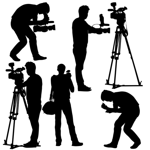 Cameraman with video camera. Silhouettes on white background. Ve - Vector, Image