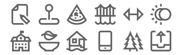 Satz von 12 verschiedenen Ikonen. Umriss dünne Linien Symbole wie Outbox, Smartphone, Salat, Doppelpfeil, Pizza, Pin - Vektor, Bild