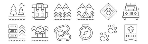 sada 12 ikon skautů. obrys tenké čáry ikony, jako jsou hodnost, náramkové hodinky, stromy, zvířata, hory, batoh - Vektor, obrázek