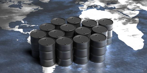Ölindustrie, globaler Energierohstoff, internationaler Handel. Ölfässer schwarze Farbe auf dem Hintergrund der Weltkarte. 3D-Illustration - Foto, Bild