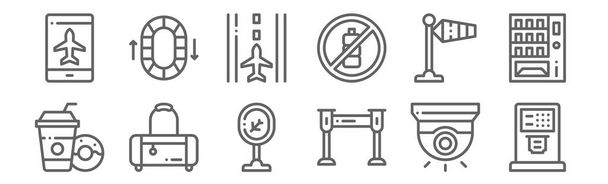 zestaw 12 ikon na lotnisku. zarys ikon cienkich linii, takich jak odprawa, wykrywacz metali, bagaż, wiatr, pas startowy, przenośnik - Wektor, obraz