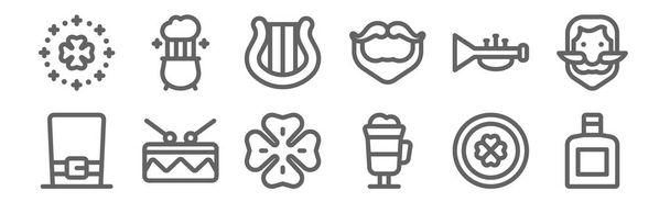 zestaw 12 ikon Patricków. zarys cienkiej linii ikon, takich jak whisky, kawa irlandzka, bęben, trąbka, harfa, garnek - Wektor, obraz