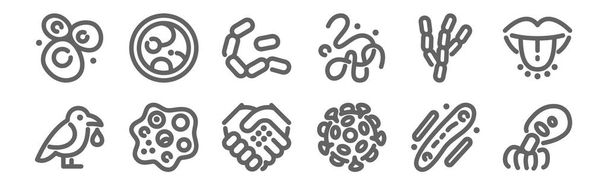 sada 12 ikon viru. obrys tenké linie ikony, jako je virus, rotavirus, buňka, tuberkulóza, klíčky, Petriho misky - Vektor, obrázek