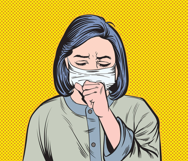 A woman wearing a mask with a cough. Pop art hand drawn style vector design illustrations. - Vector, Image