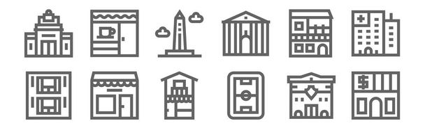 set of 12 urban building icons. outline thin line icons such as bank, stadium, store, house, obelisk, cafe - Vector, Image