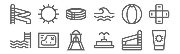 zestaw 12 ikon parku wodnego. zarys cienkiej linii ikon, takich jak krem do opalania, fontanna, mapa, piłka plażowa, basen, słońce - Wektor, obraz