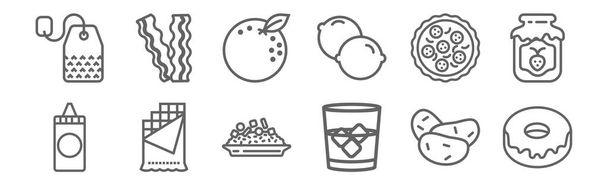 set di 12 icone della collezione gastronomia. contorno icone linea sottile come ciambella, vetro, cioccolato, pizza, arancia, pancetta
 - Vettoriali, immagini