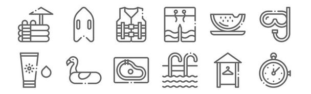 Set von 12 Swimmingpool-Symbolen. Umriss dünne Linien Symbole wie Stoppuhr, Schwimmbad, aufblasbare, Wassermelone, Rettungsweste, Rettungsschlauch - Vektor, Bild