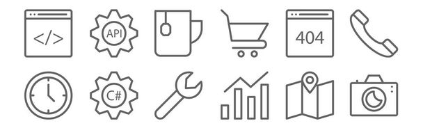 set of 12 web design and programming icons. outline thin line icons such as digital, analytics, cogwheels, , food, api - Vector, Image