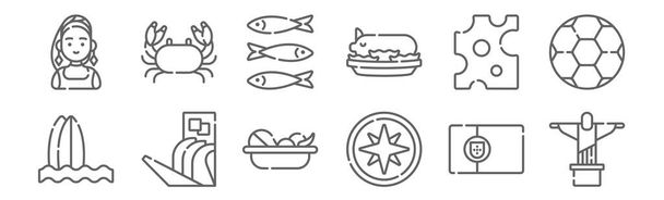 set van 12 portugal iconen. schets dunne lijn iconen zoals Jezus, kompas, monument, kaas, sardines, krab - Vector, afbeelding