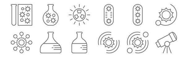 ensemble de 12 icônes scientifiques. dessiner des icônes de ligne mince telles que télescope, énergie cinétique, fiole, maladie, radioactif, chimie
 - Vecteur, image